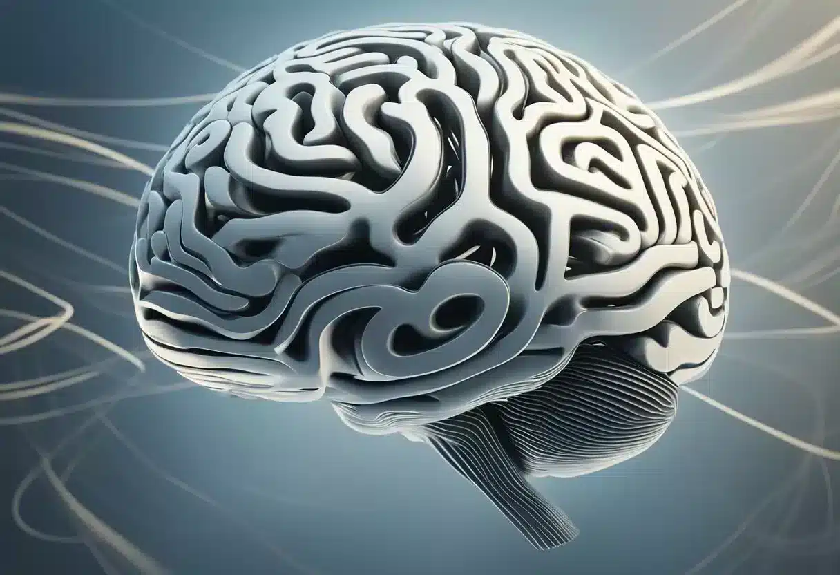 A serene brain surrounded by swirling lines, radiating calmness and focus, with stress dissipating into the background