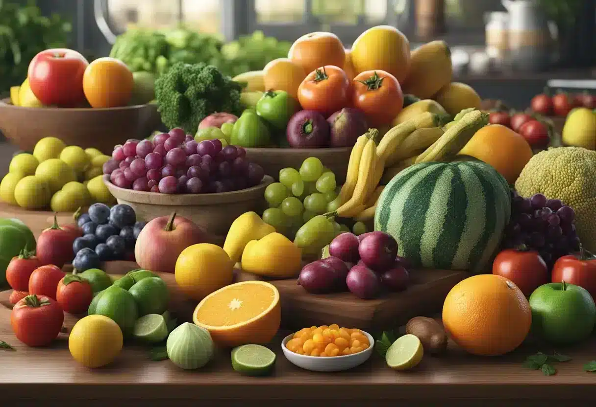 A variety of fruits, vegetables, and grains are spread out on a table, showcasing their rich sources of quercetin. The vibrant colors and textures of the foods create an inviting and appetizing scene for the viewer