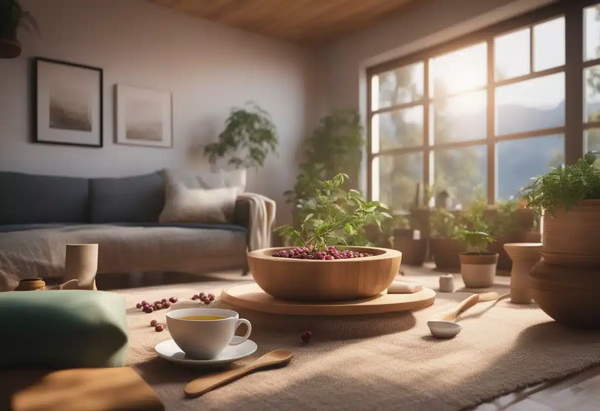 A cozy home setting with herbal teas, cranberry juice, and heating pads scattered around, suggesting long-term management of UTI through natural remedies