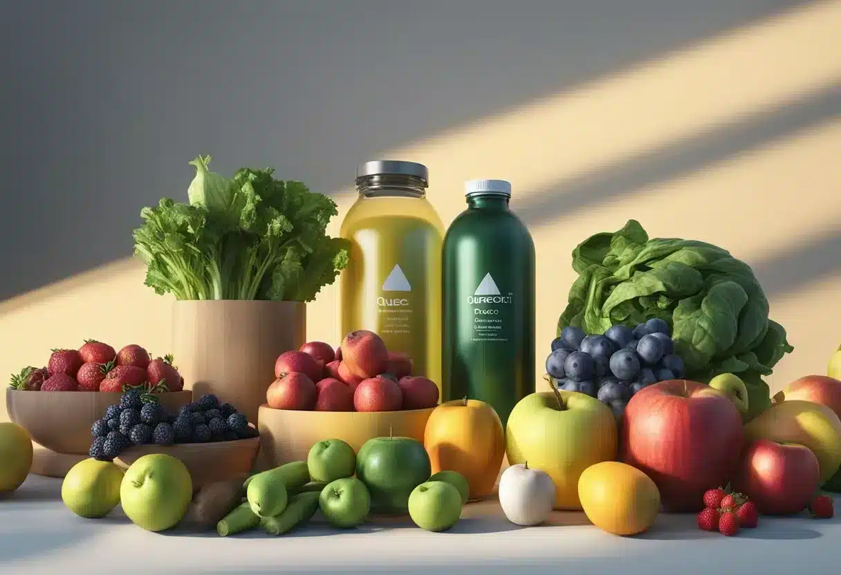 A colorful array of fruits and vegetables, such as apples, berries, and leafy greens, are arranged on a table, with a spotlight shining on a bottle of quercetin supplements