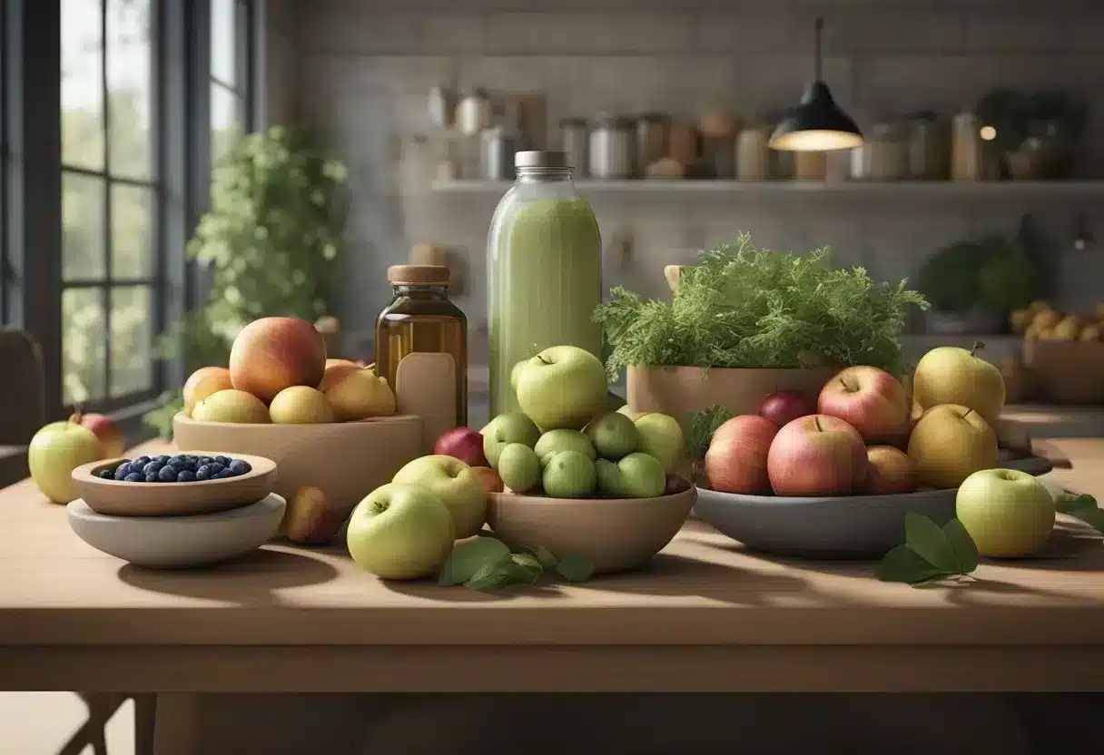 A table with various foods like apples, berries, and onions. A bottle of quercetin supplement next to the foods. Text "Frequently Asked Questions Quercetin: Benefits, Risks, and Where to Find it in Food"