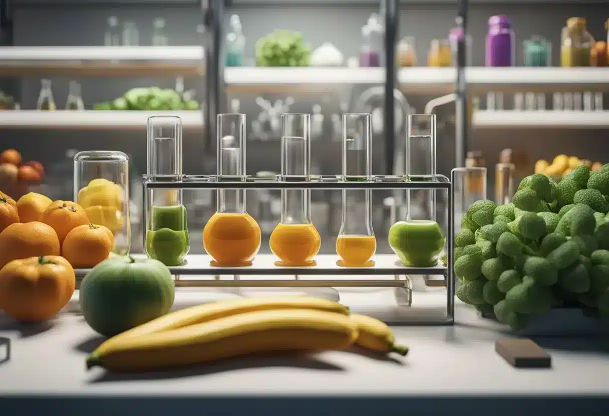 A laboratory setting with test tubes and scientific equipment, surrounded by various fruits and vegetables rich in quercetin
