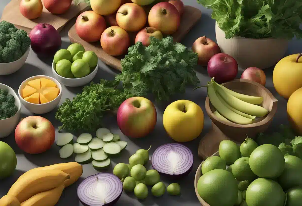 A colorful array of fruits, vegetables, and herbs, such as apples, onions, kale, and parsley, are displayed on a table, showcasing the variety of foods rich in quercetin