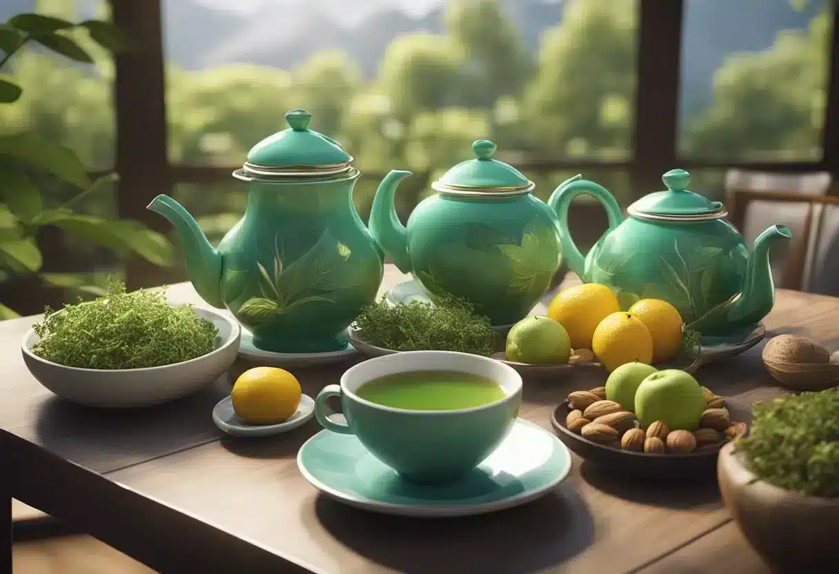 A table adorned with a delicate teapot and cups, surrounded by vibrant green tea leaves, fresh fruits, and nuts. A serene, peaceful setting evoking the essence of longevity and health