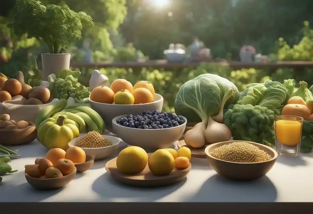 A table with a variety of foods including garlic, surrounded by fruits and vegetables, with a backdrop of greenery and sunlight