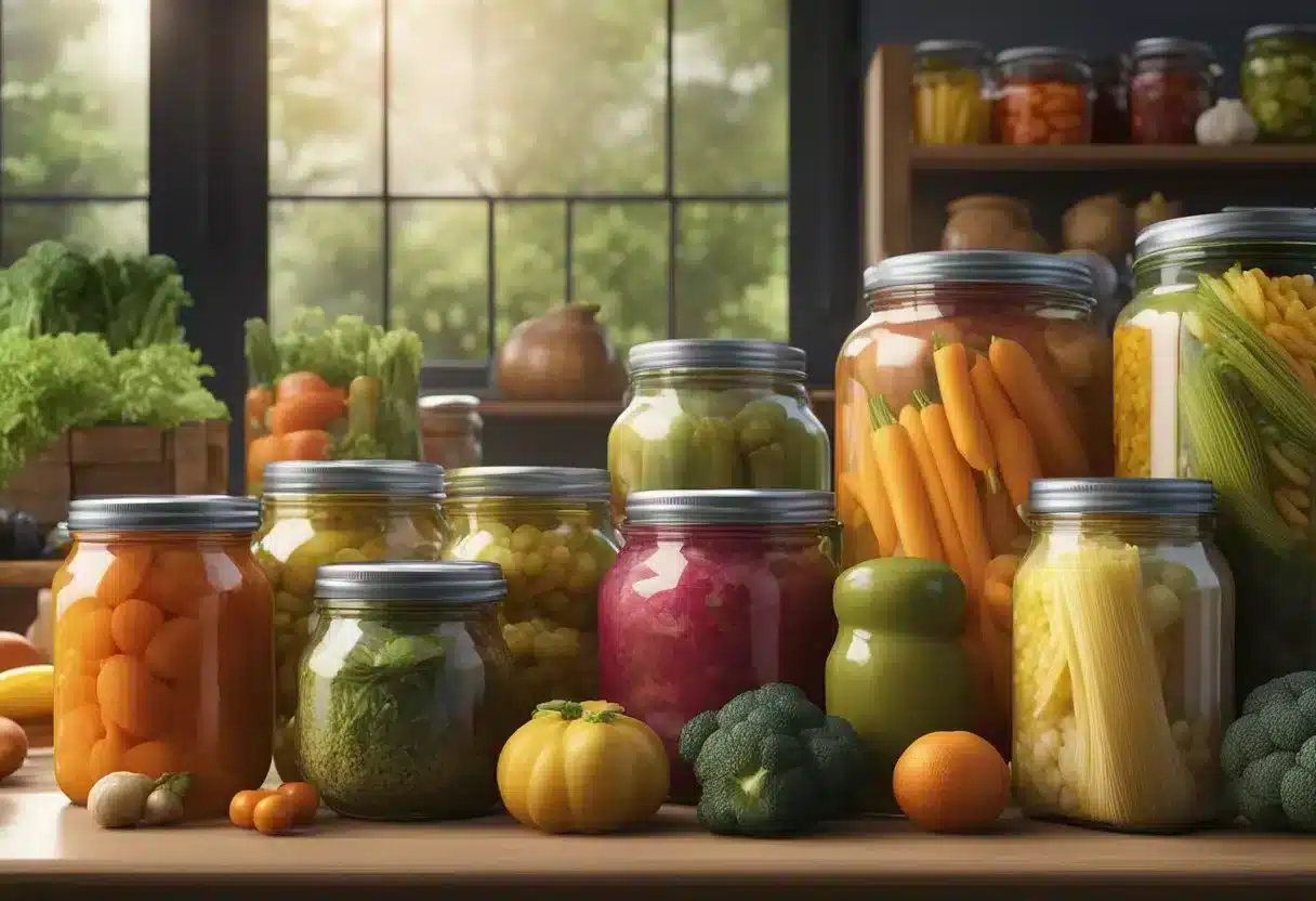 A table filled with colorful jars of fermented foods, including kimchi, sauerkraut, pickles, and miso. A variety of vegetables and fruits are displayed alongside the jars, creating a vibrant and healthy scene