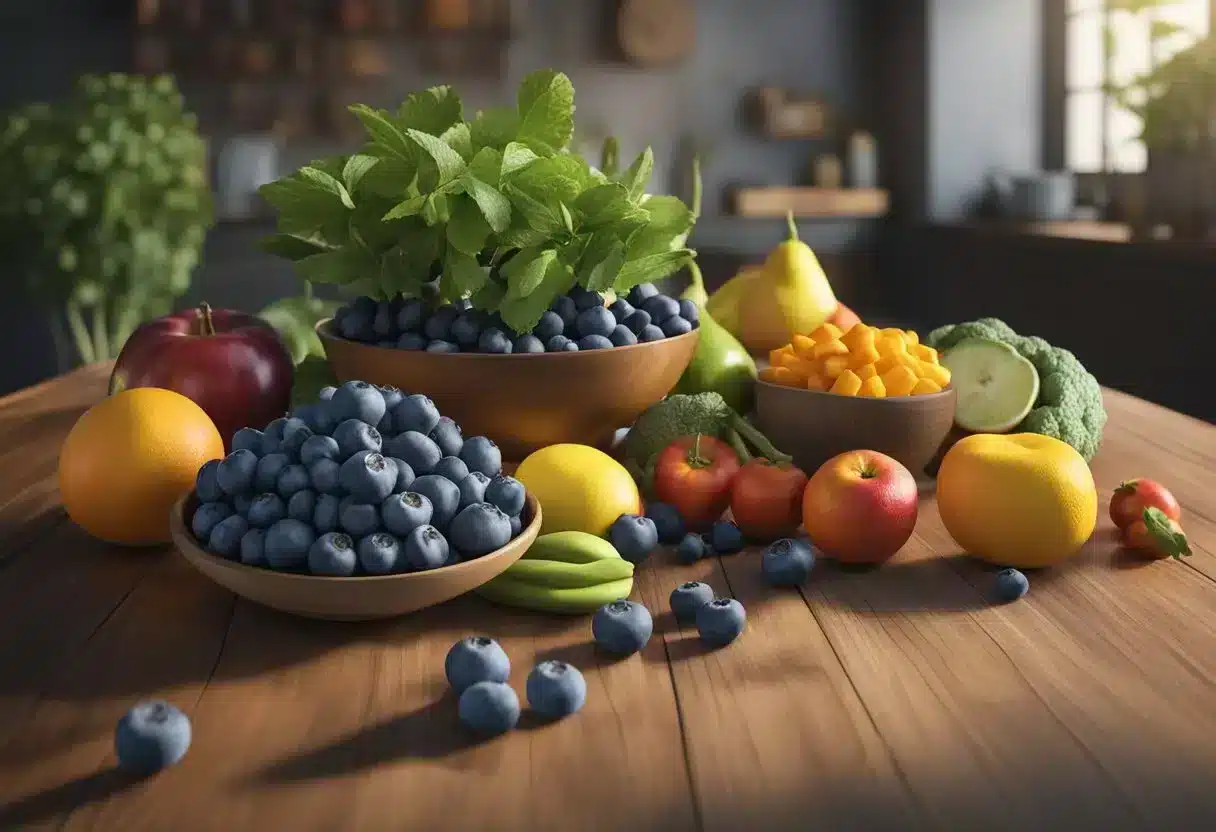 A bowl of fresh blueberries surrounded by colorful fruits and vegetables on a wooden table. A book titled "10 all-time favorite foods for longevity" is open next to the bowl