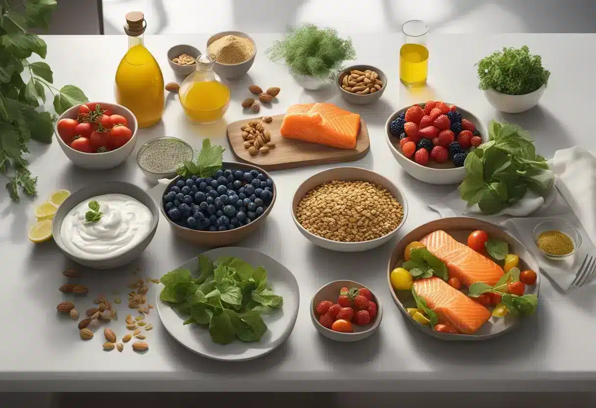 A table with 10 colorful dishes: salmon, berries, nuts, leafy greens, olive oil, tomatoes, whole grains, yogurt, garlic, and turmeric