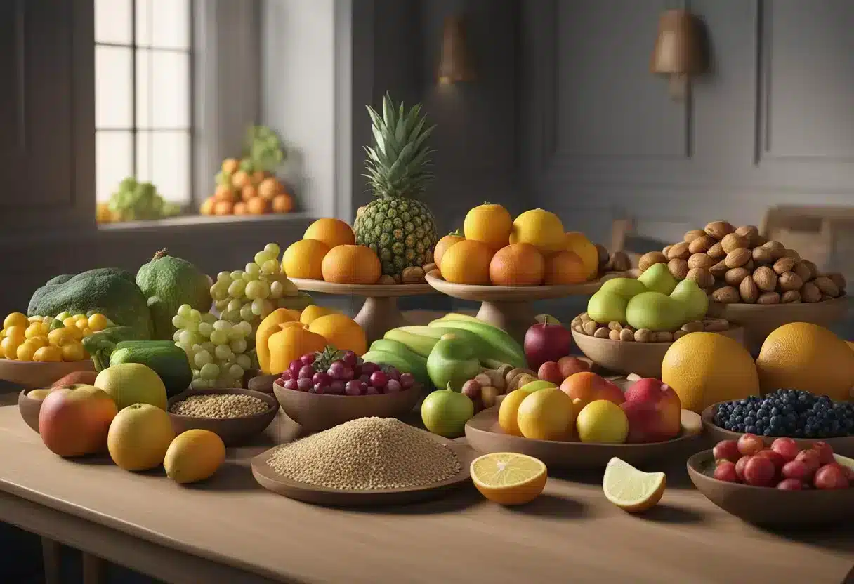 A table with a variety of colorful and vibrant fruits, vegetables, nuts, and whole grains arranged in an appealing display