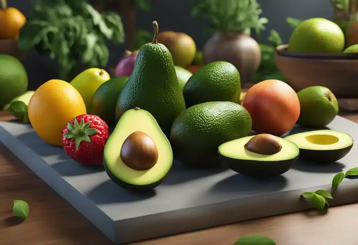 A table with 10 vibrant avocados surrounded by colorful fruits and vegetables, symbolizing longevity and health