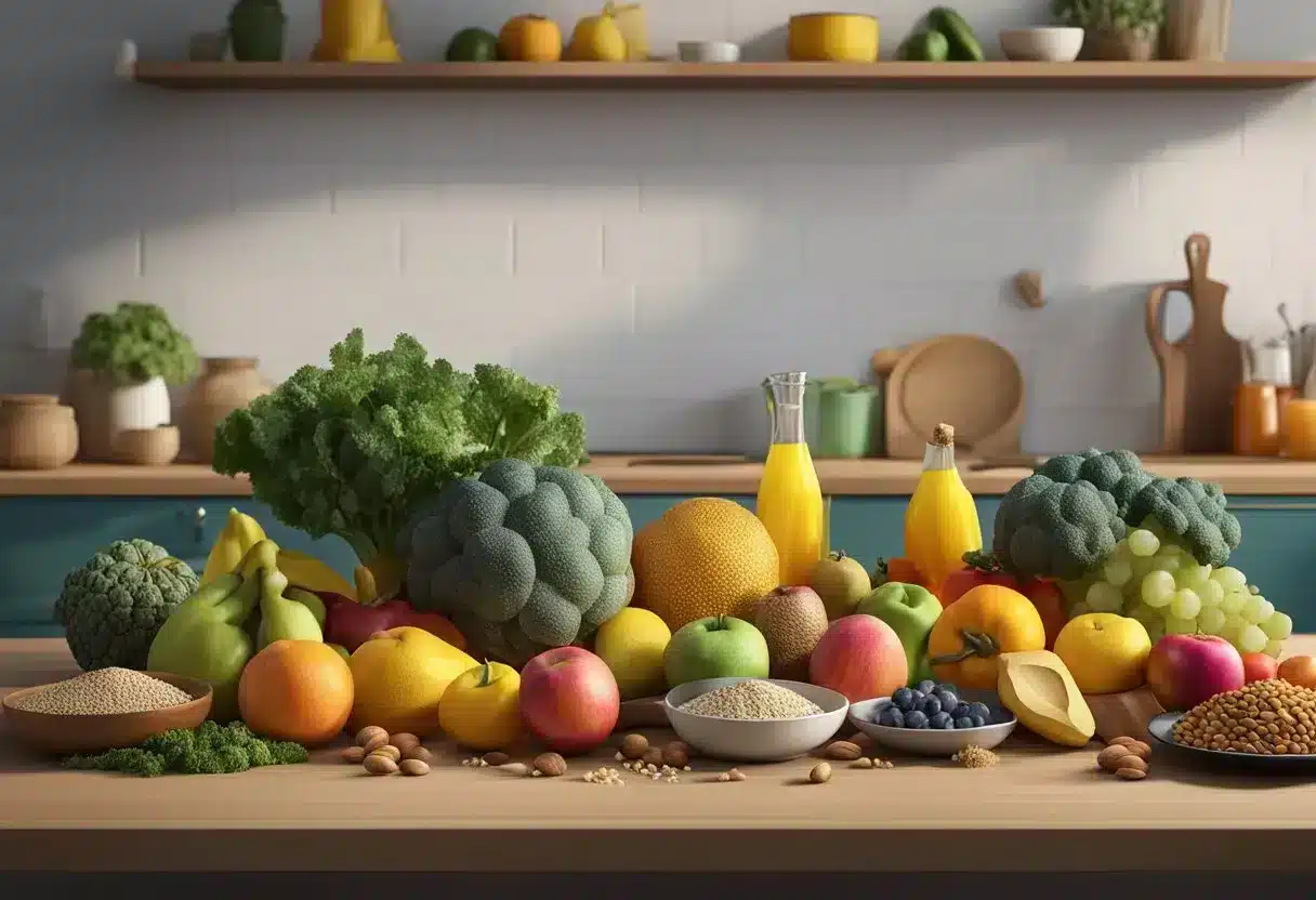 A colorful array of fruits, vegetables, nuts, and whole grains arranged on a table, with a variety of dishes and cooking utensils nearby