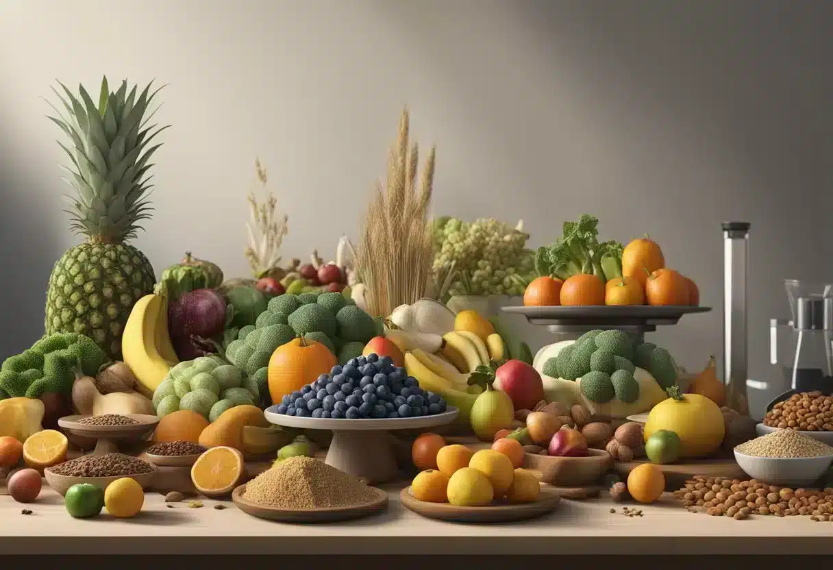 A table adorned with colorful fruits, vegetables, nuts, and whole grains. A scientific journal and research papers scattered around. A microscope and test tubes filled with various extracts from the foods