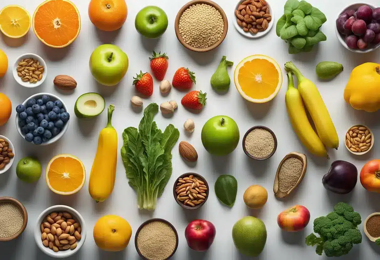 A colorful array of fruits, vegetables, nuts, and grains arranged on a table, with labels highlighting their nutritional benefits for longevity