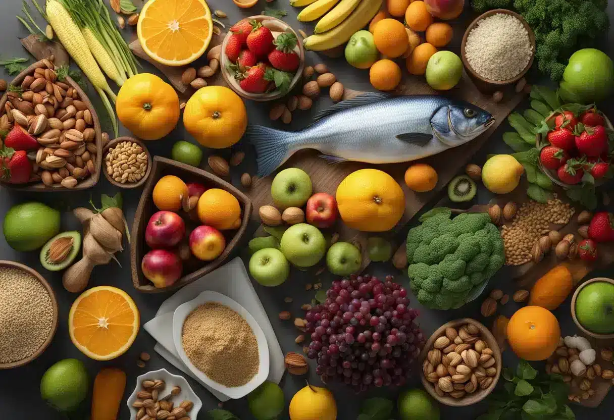 A table with a variety of colorful and fresh fruits, vegetables, whole grains, nuts, and fish arranged in an appealing display