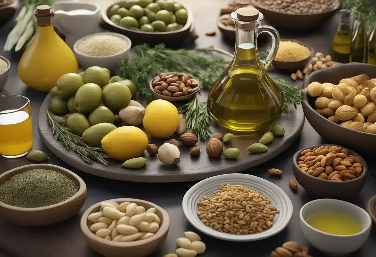 A table with a spread of 10 foods: olive oil, nuts, fish, whole grains, fruits, vegetables, legumes, herbs, spices, and green tea