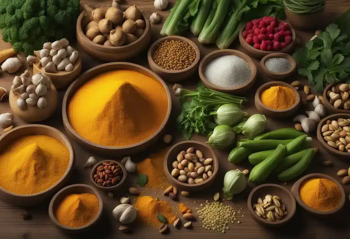 A vibrant assortment of turmeric, garlic, berries, nuts, and green vegetables arranged on a wooden table, surrounded by colorful spices and herbs