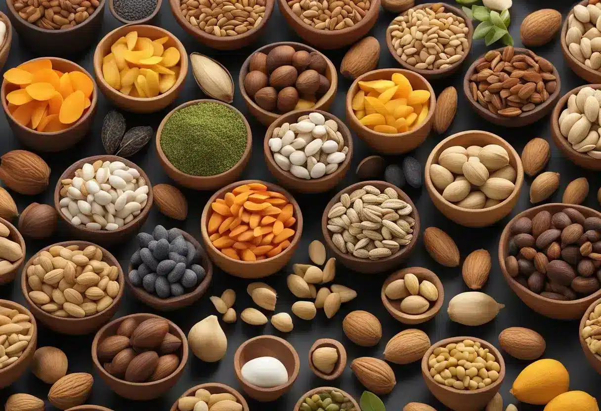 A variety of nuts and seeds arranged in a colorful and appealing display, with labels indicating their names and their benefits for longevity