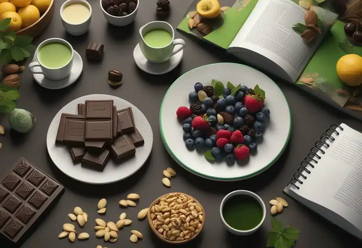 A table with a spread of dark chocolate, berries, nuts, and green tea. A book titled "10 All-Time Favorite Foods for Longevity" sits next to the treats