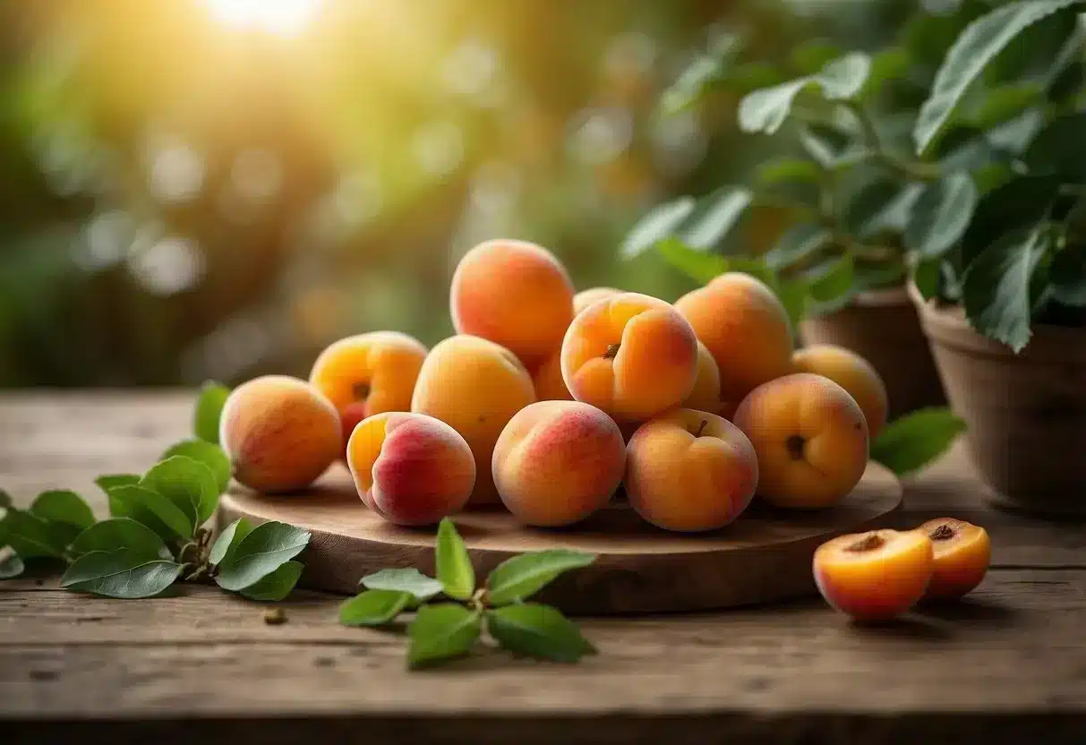 A cluster of ripe apricots surrounded by plant-based foods rich in pectin, such as apples, strawberries, and citrus fruits, arranged on a wooden table