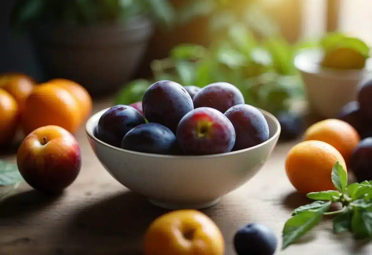 A bowl of plums surrounded by plant-based foods like apples, oranges, and carrots. Rich in pectin for a healthy diet