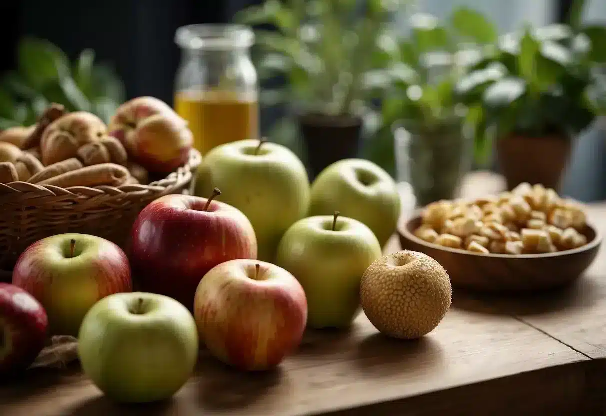 A table with a variety of plant-based foods, including apples, arranged in an appealing manner