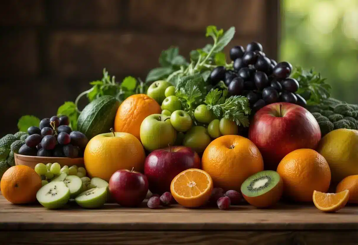 A colorful array of fruits, vegetables, and legumes arranged on a wooden table, including apples, oranges, carrots, beans, and peas