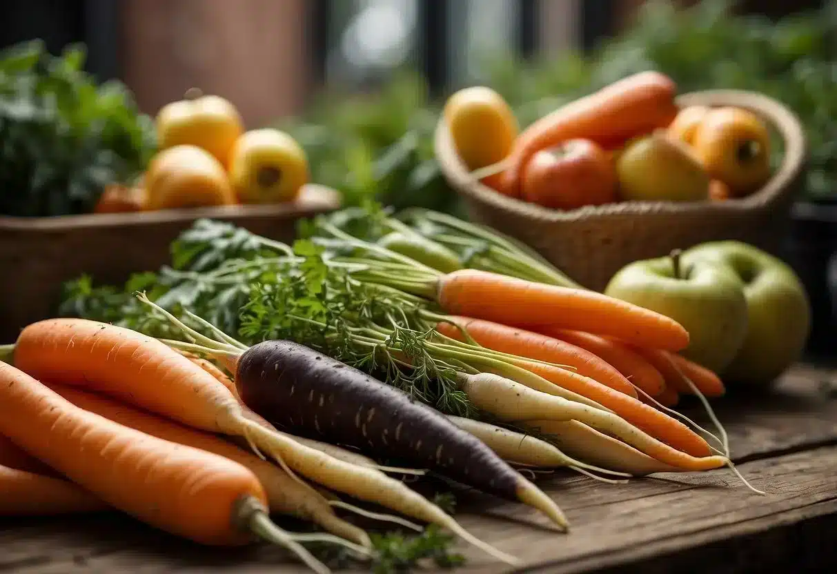 A table filled with colorful carrots, apples, and other plant-based foods rich in pectin