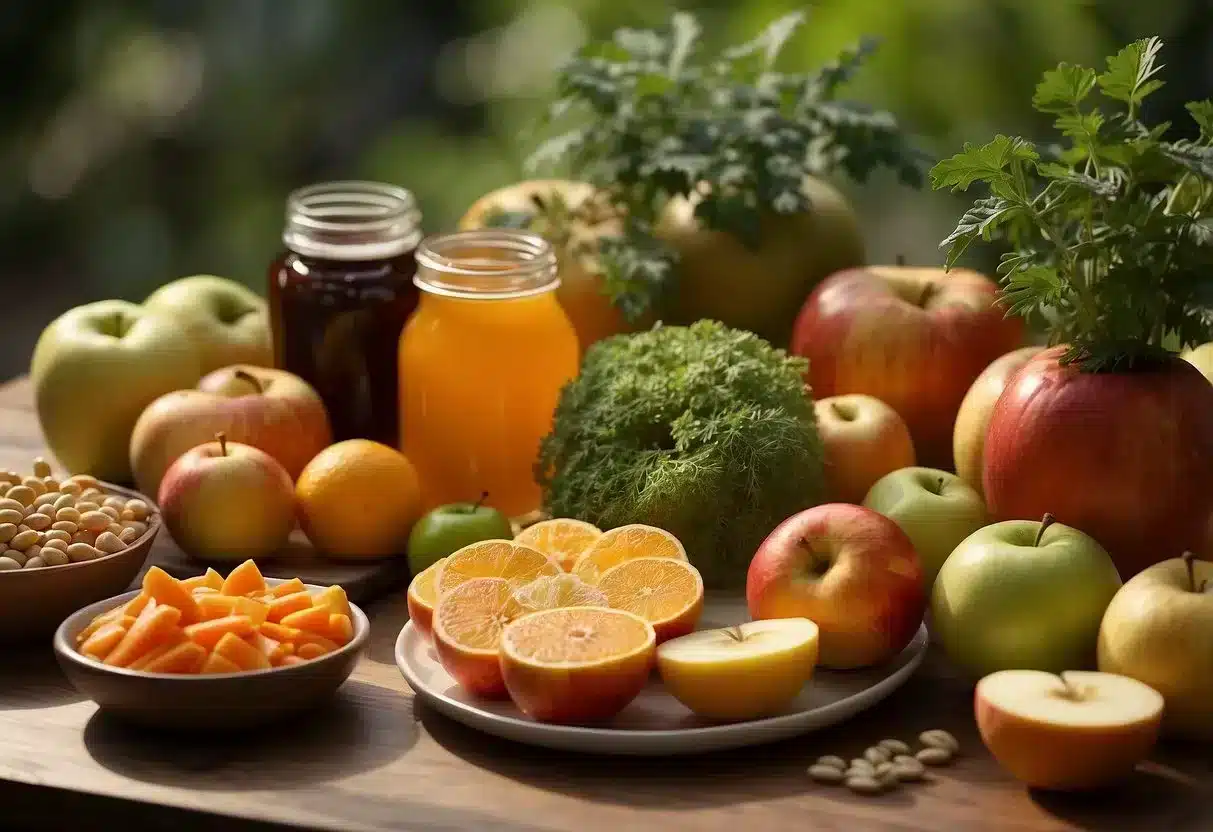 A table with a variety of plant-based foods such as apples, oranges, carrots, and beans, all rich in pectin, arranged in an appealing display