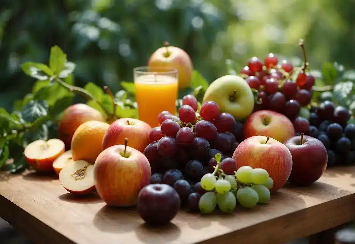 A table with 9 plant-based foods: apples, oranges, carrots, strawberries, grapes, cherries, peaches, plums, and pears