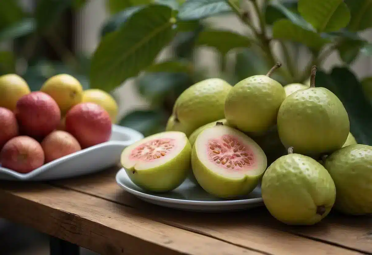A table with a variety of plant-based foods, including guavas, arranged in an appealing manner