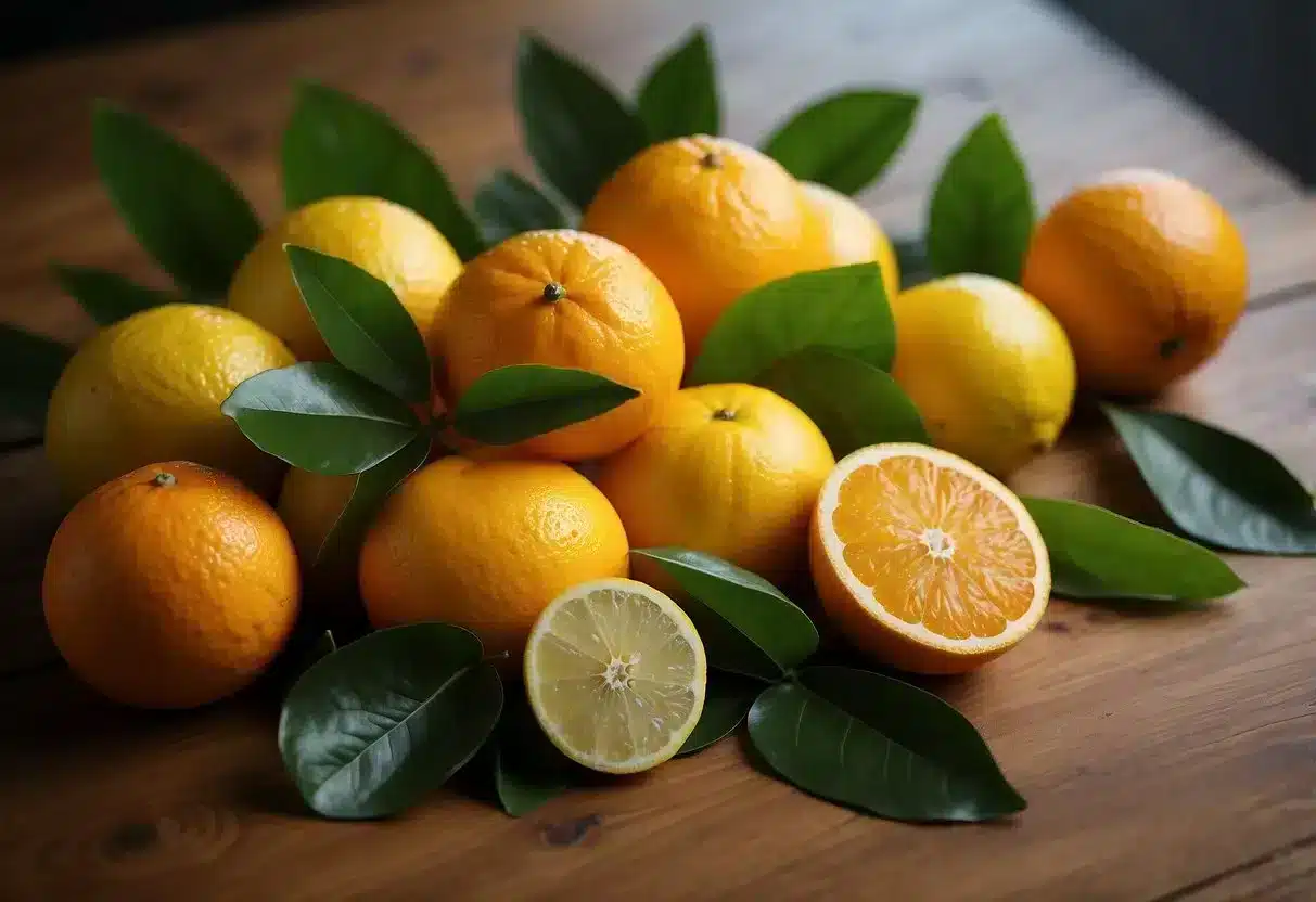 A variety of citrus fruits arranged on a wooden table with green leaves scattered around