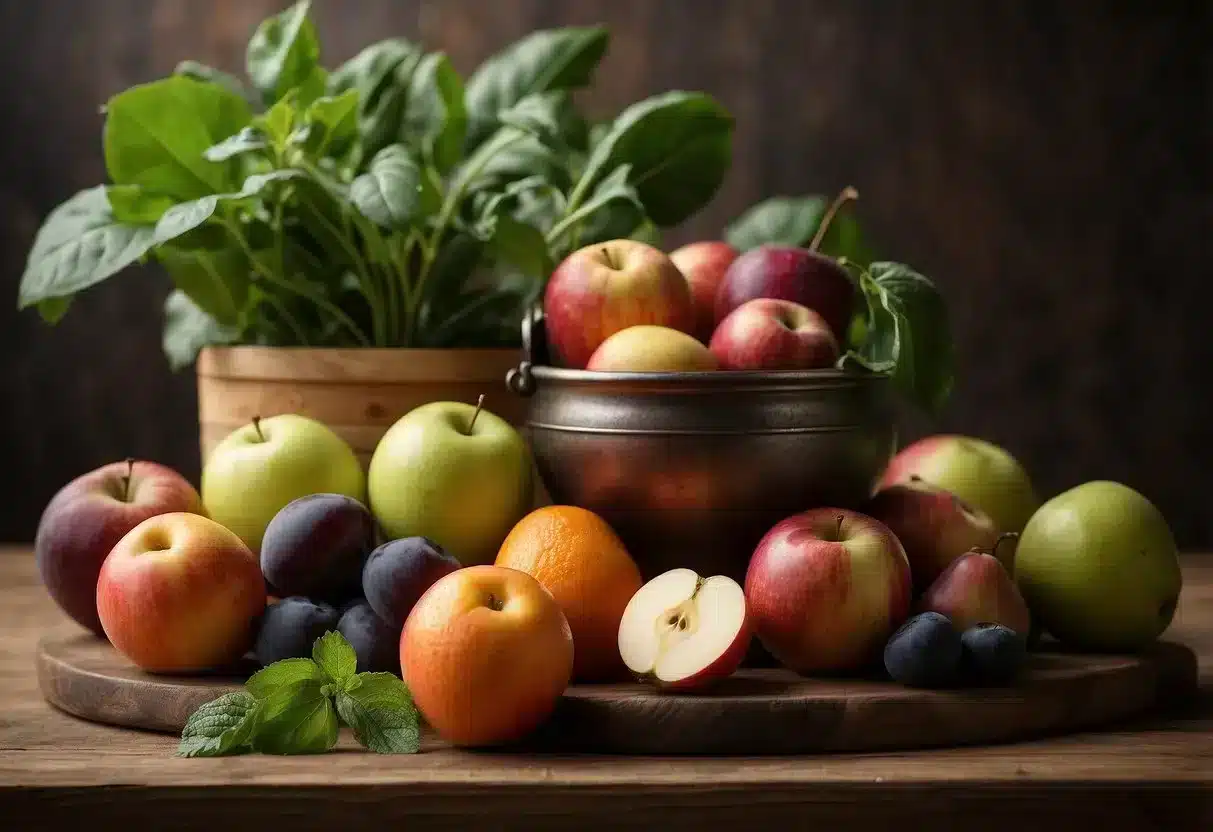 A table with 9 plant-based foods: apples, pears, plums, oranges, strawberries, carrots, peas, beans, and potatoes