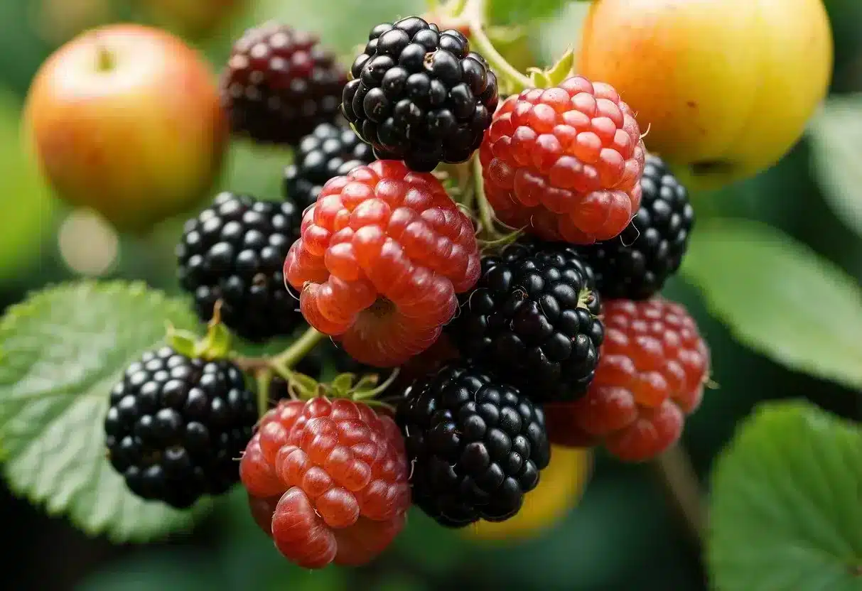A cluster of ripe blackberries surrounded by plant-based foods rich in pectin, such as apples, oranges, and carrots, with a lush green background