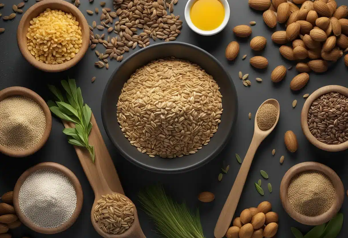 A pile of flaxseeds surrounded by various healthy foods, with a list of their nutritional benefits displayed nearby
