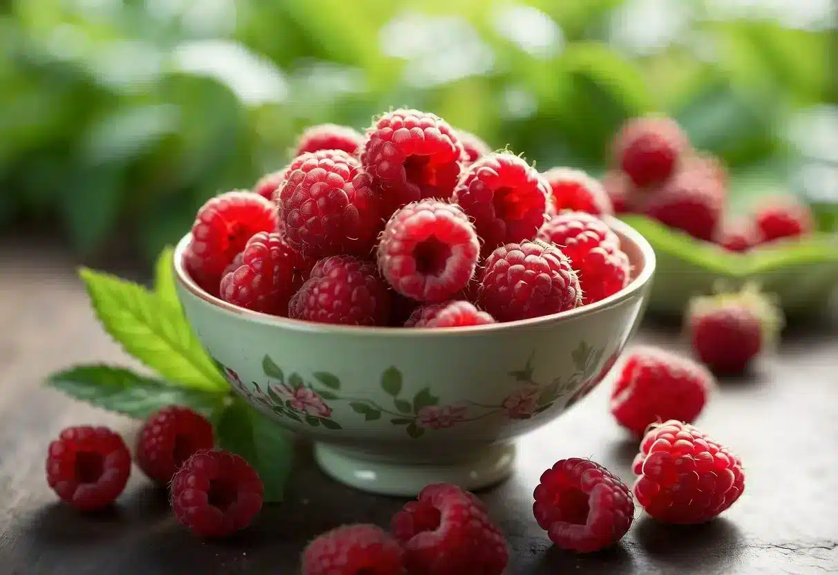 A bowl of ripe raspberries surrounded by plant-based foods rich in pectin
