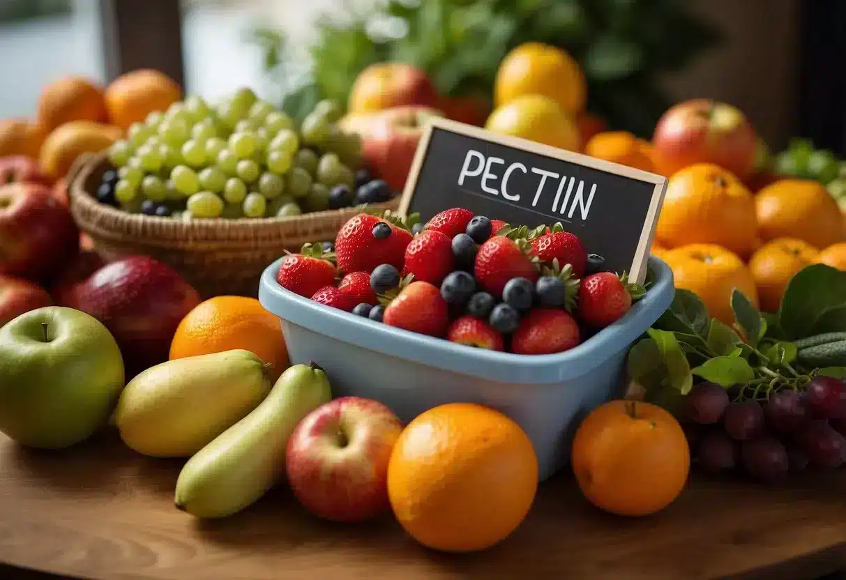 A colorful array of fruits and vegetables, including apples, oranges, carrots, and berries, are arranged on a table with a sign reading "Pectin-rich foods."