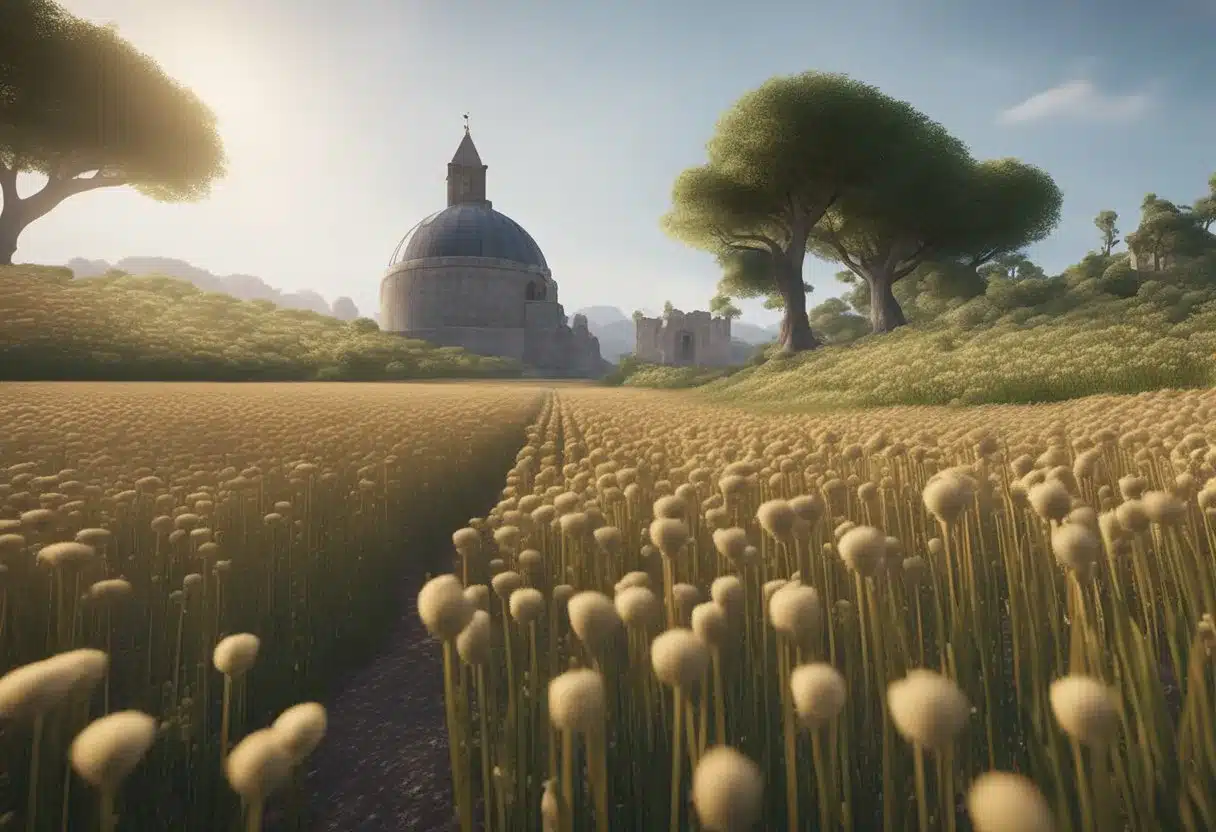 A field of flax plants, with a historical monument in the background, showcasing the cultural significance of flax. Textures and colors of flaxseeds are visible