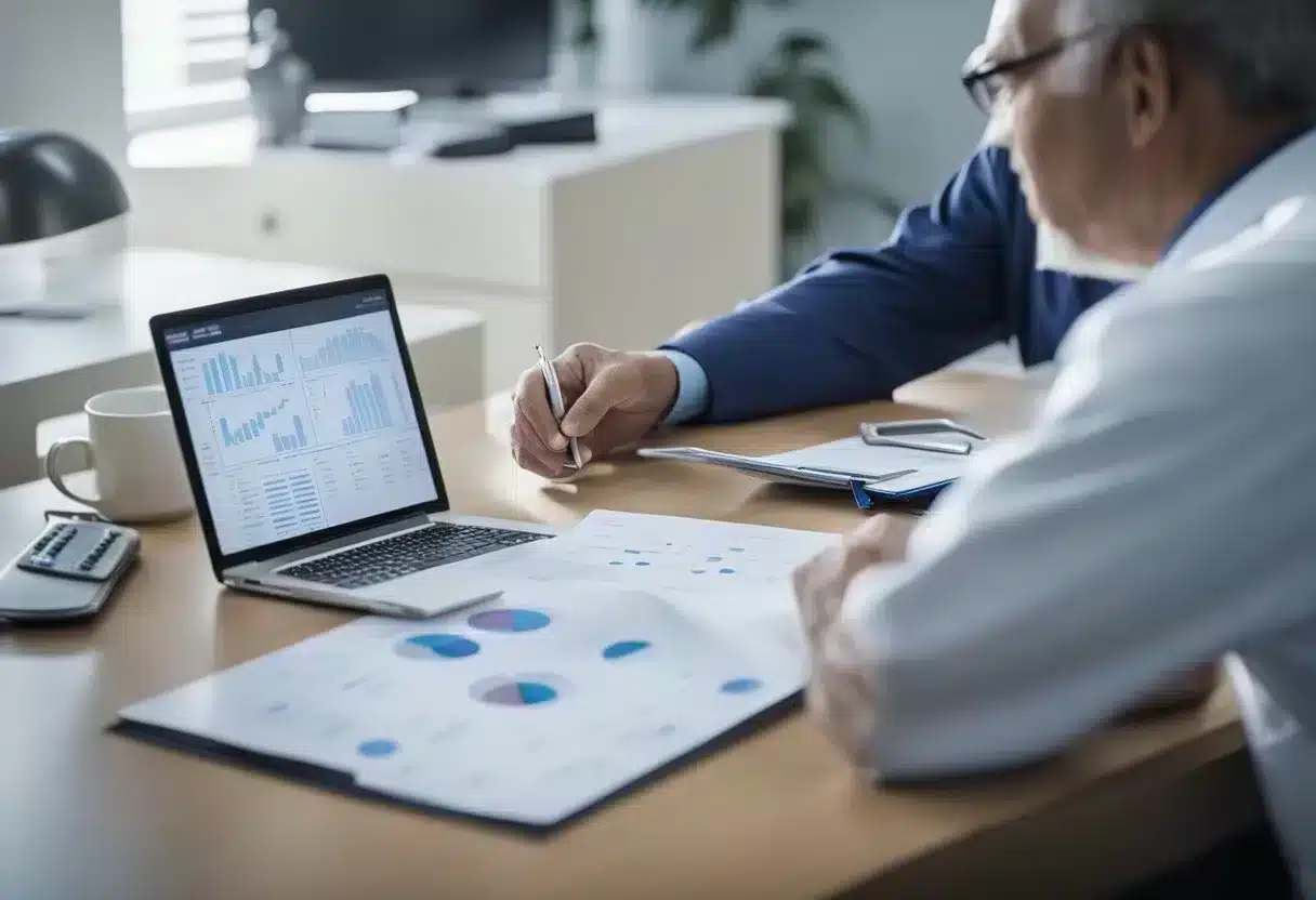 A doctor discusses cardiovascular treatment options with a patient, showing diagrams and charts