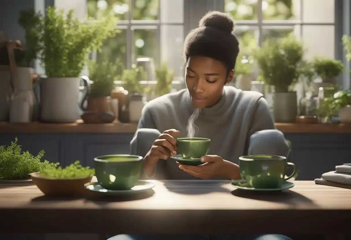 A person drinking herbal tea to relieve gas