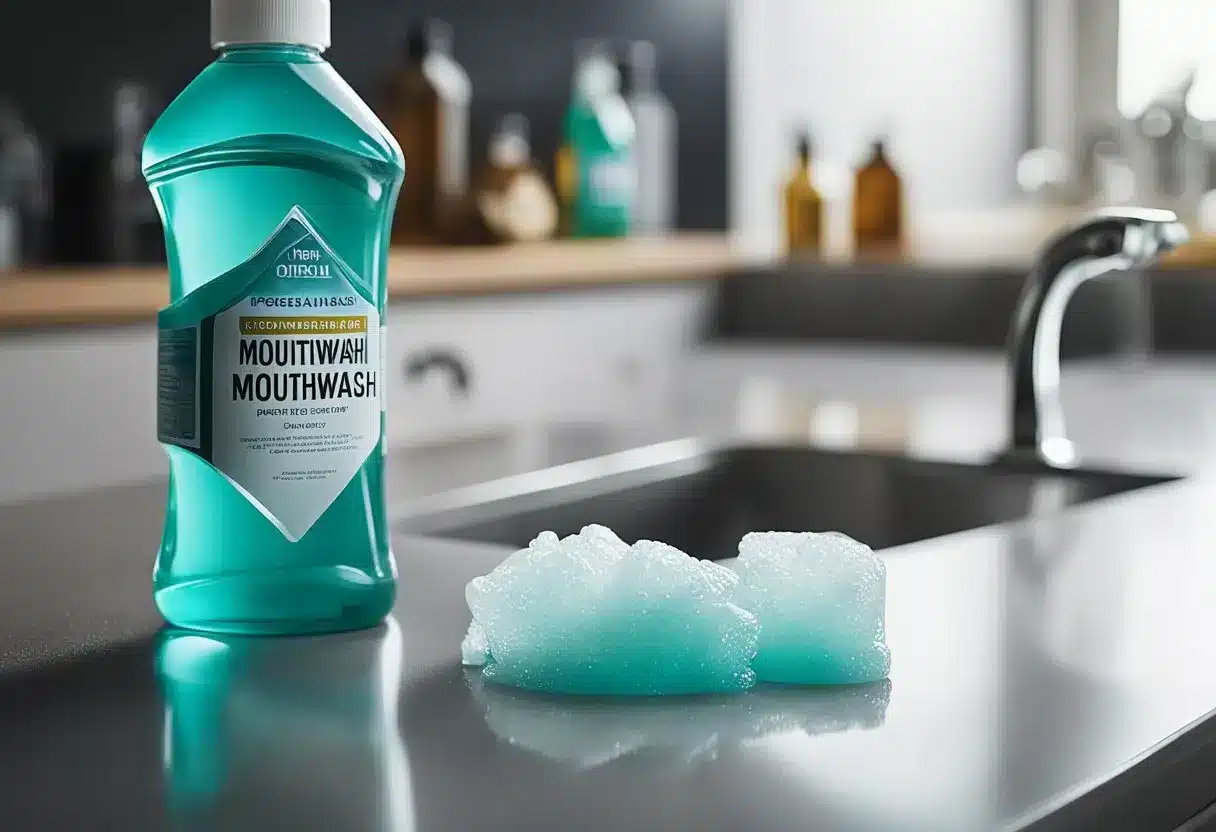 A bottle of mouthwash spills, liquid spreading on a countertop. A warning label is visible