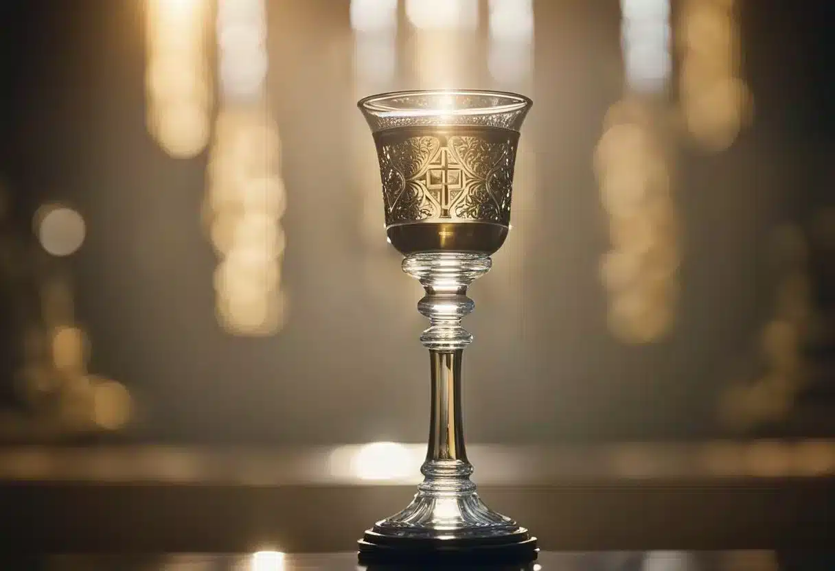 Holy water spills from a chalice, shimmering in the sunlight. A sense of reverence fills the air as the liquid glistens with sacred significance