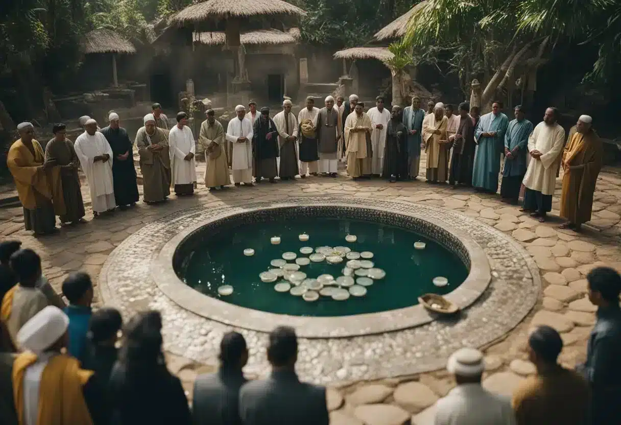 People gather around a sacred pool, sipping holy water. Symbols of faith and community surround them