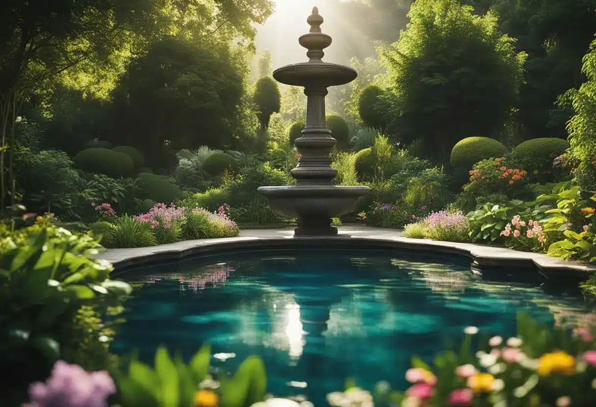 A serene garden with a shimmering pool of holy water surrounded by vibrant flowers and lush greenery. Rays of sunlight illuminate the water, evoking a sense of peace and healing energy