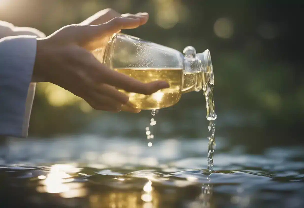 A person drinks holy water, feeling a sense of peace and purification washing over them. The water glows with a faint, ethereal light, symbolizing divine presence and spiritual cleansing