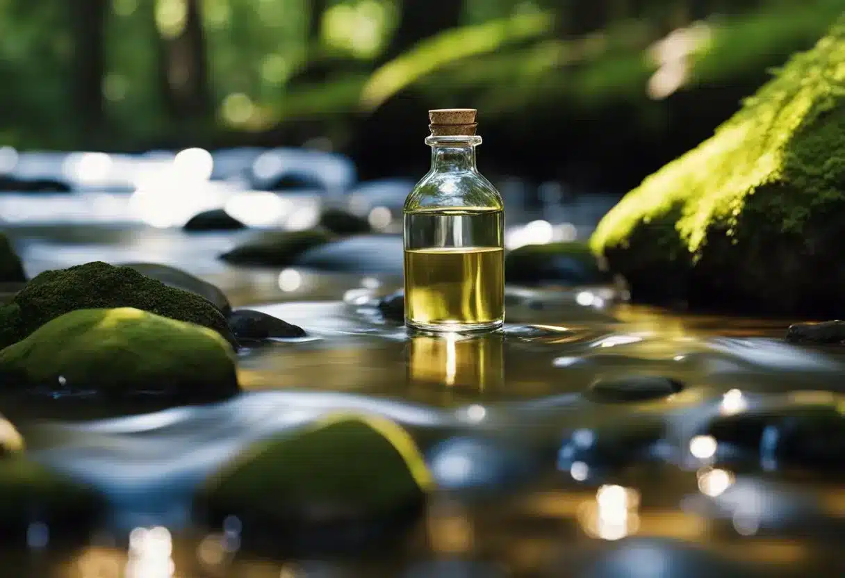 A serene forest stream, sunlight filtering through the canopy, with a small vial of holy water nestled among the rocks