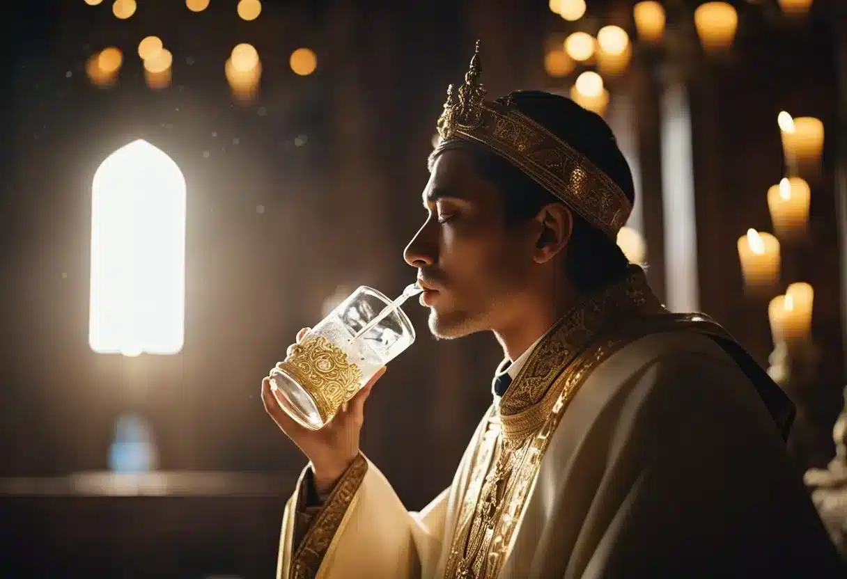 A person drinks holy water, glowing with divine light, surrounded by religious symbols and a sense of reverence