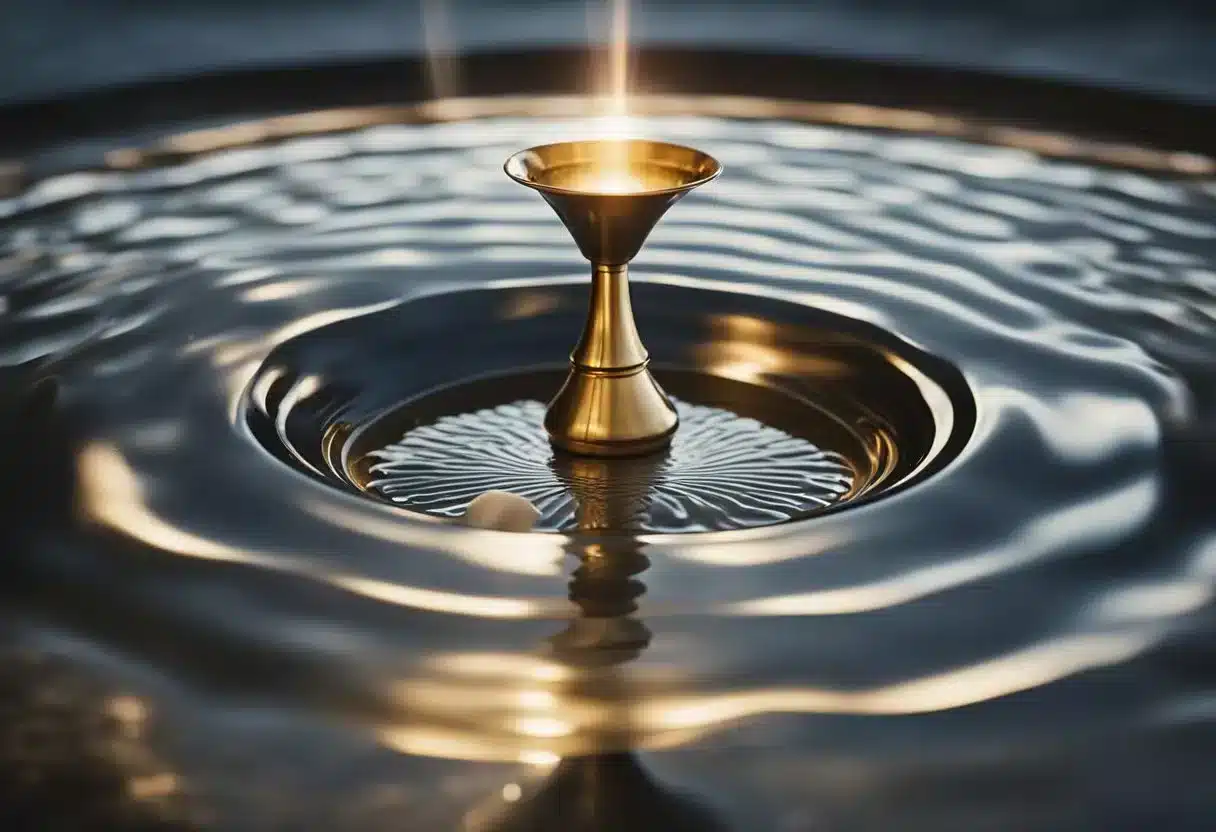Holy water spills from a tipped chalice, creating ripples on the surface of a stone basin. A soft glow emanates from the water, casting a gentle light on the surrounding area