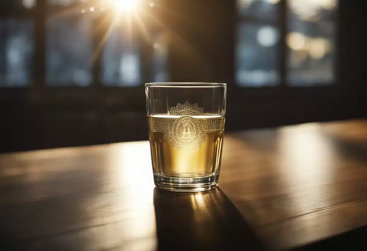 A glass of holy water sits on a wooden table, illuminated by a beam of light. A person's silhouette hovers nearby, reaching out to touch the glass