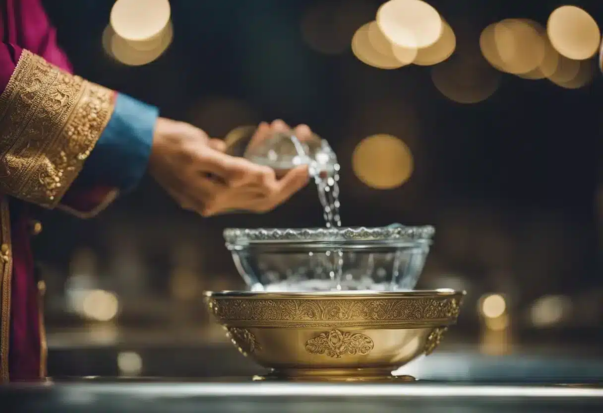 Holy water poured into a basin, a figure bowing in reverence, a sign of respect