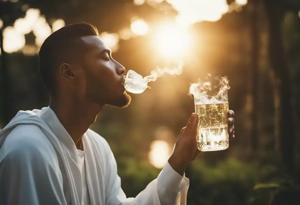 A person sips holy water, a glowing aura surrounds them